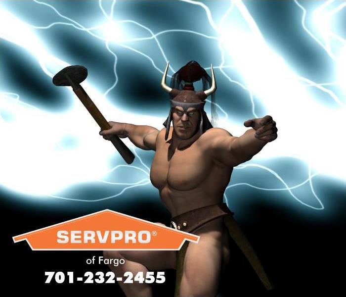 The Norse God, Thor, is shown wielding his hammer during a lightning strike.